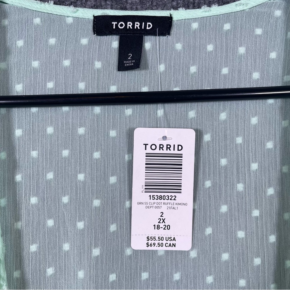 Torrid NWT Womenโs 2X 18-20 Mint Green Clip Dot Ruffle Kimono Tiered Open Front - Picture 8 of 8